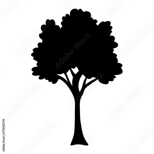 Monochrome image of a leafy tree silhouette against a white background