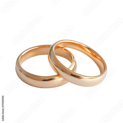Two gold wedding ring rest gently, Two gold wedding rings resting gently on a soft surface, symbolizing love and commitment, isolated on transparent background