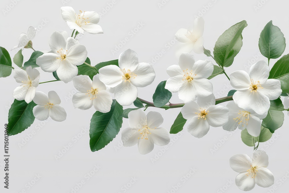Fototapeta premium Delicate white jasmine flowers on a vine, isolated against a transparent background