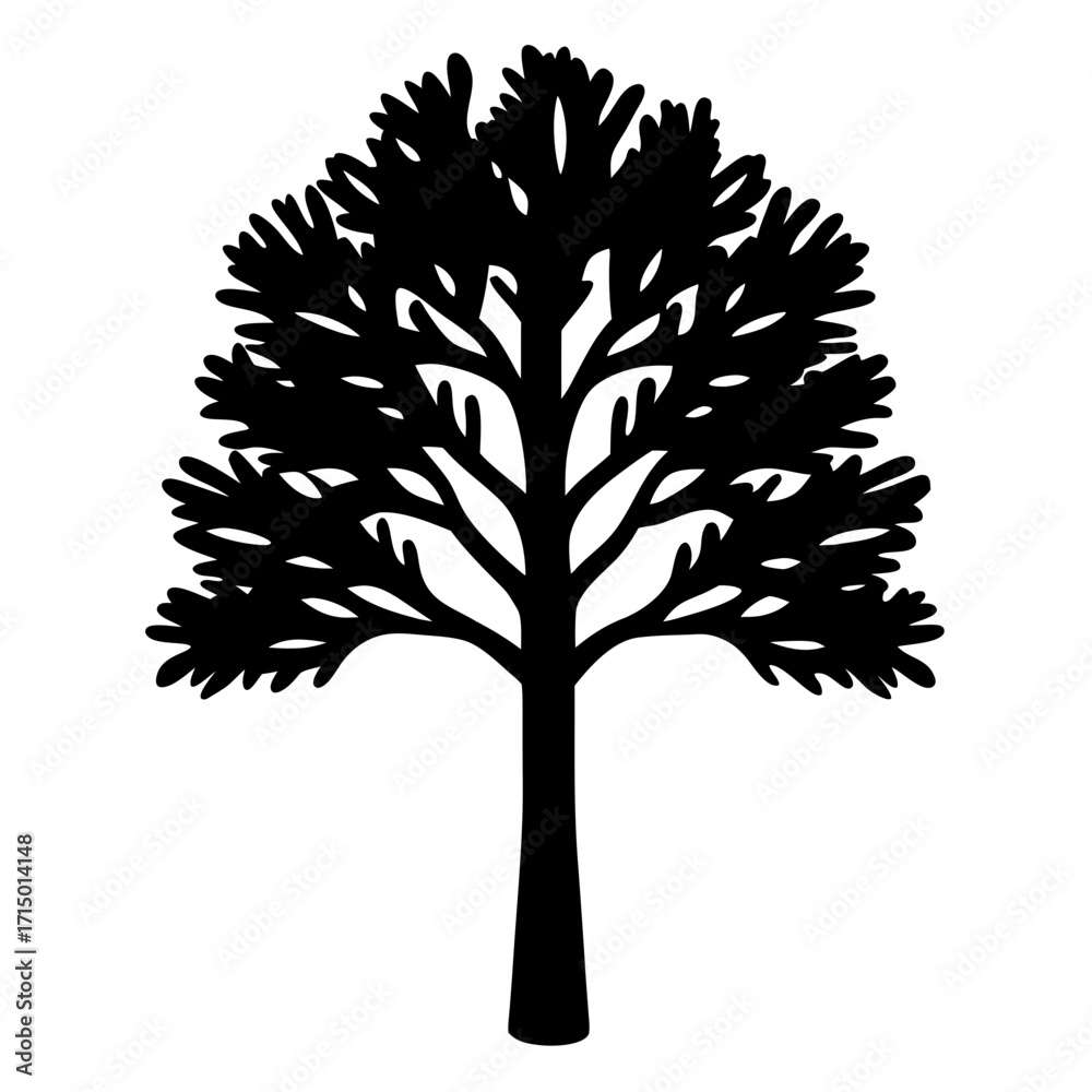 Obraz premium Stylized Black Tree Silhouette with Dense Foliage, Isolated on White Background