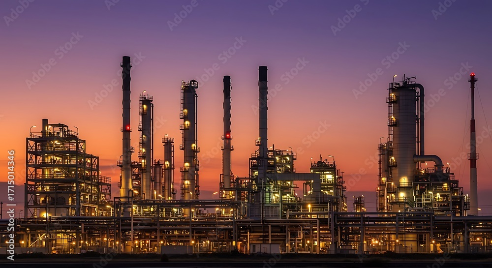Obraz premium Oil refinery glows with lights at dusk, illuminating the complex industrial landscape against a vibrant twilight sky, creating a sense of power and industry.