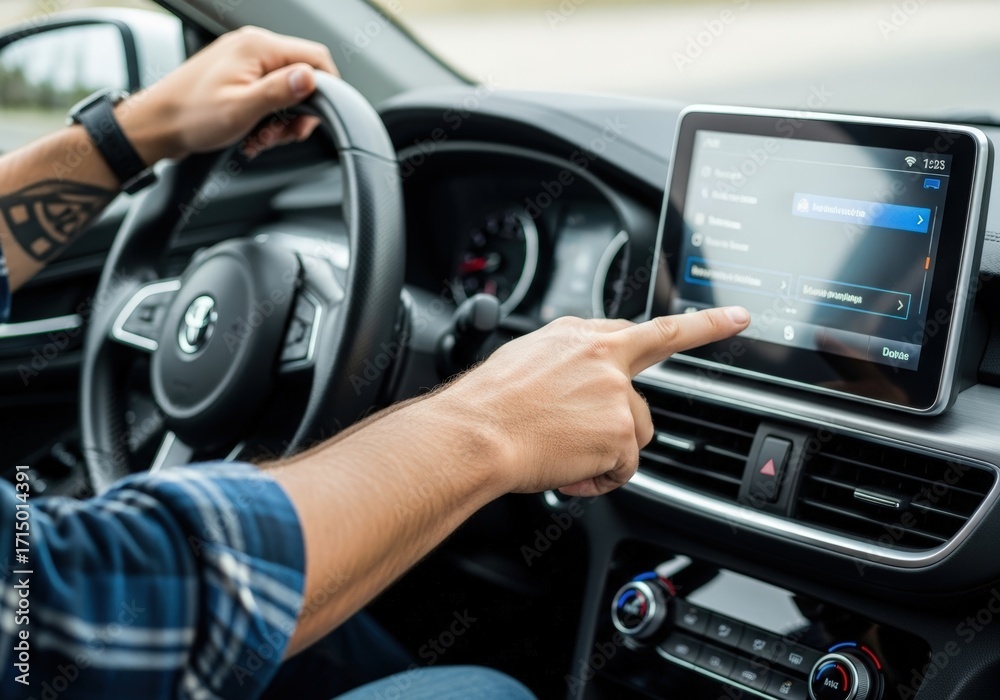 Naklejka premium Close-up of a driver's hands interacting with a modern car's touchscreen infotainment system navigating features while on the road.