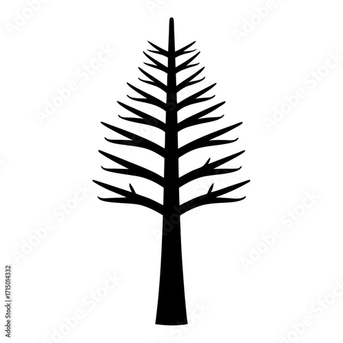 A bold silhouette of a deciduous tree against a stark white background.