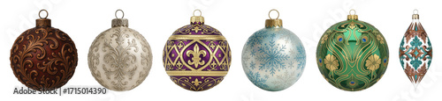 Christmas ornament set including various colored and patterned baubles isolated. Festive holiday decoration collection.