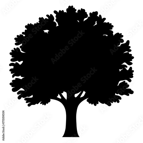 Solid black silhouette illustration of a leafy tree against a white background