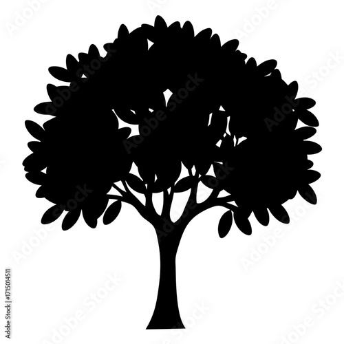 Black Silhouette of a Deciduous Tree with Rounded Leaves on White Background
