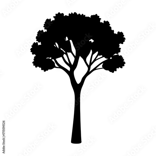 Black Silhouette of a Majestic Tree against a White Background, Artistic Design