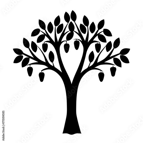 Stylized black and white tree with fruit silhouette on a white background