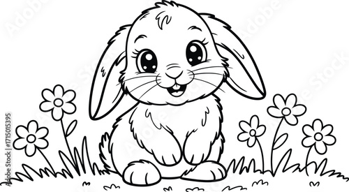 Adorable baby bunny sitting in a field of daisies for coloring fun vector
