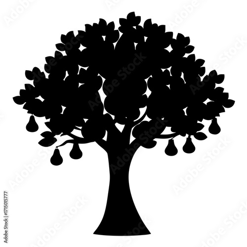 A striking black silhouette of a pear tree laden with fruit