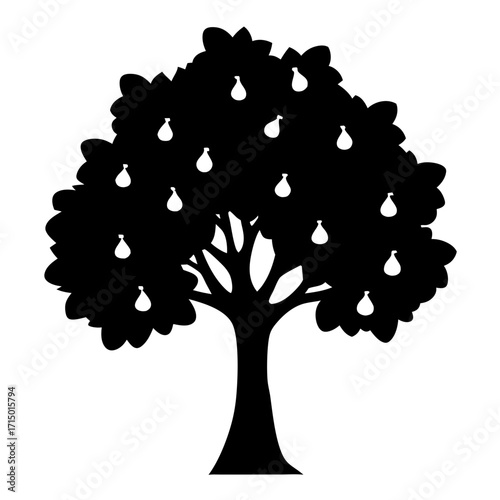 Silhouette of a pear tree laden with ripening fruit, depicted in stark contrast