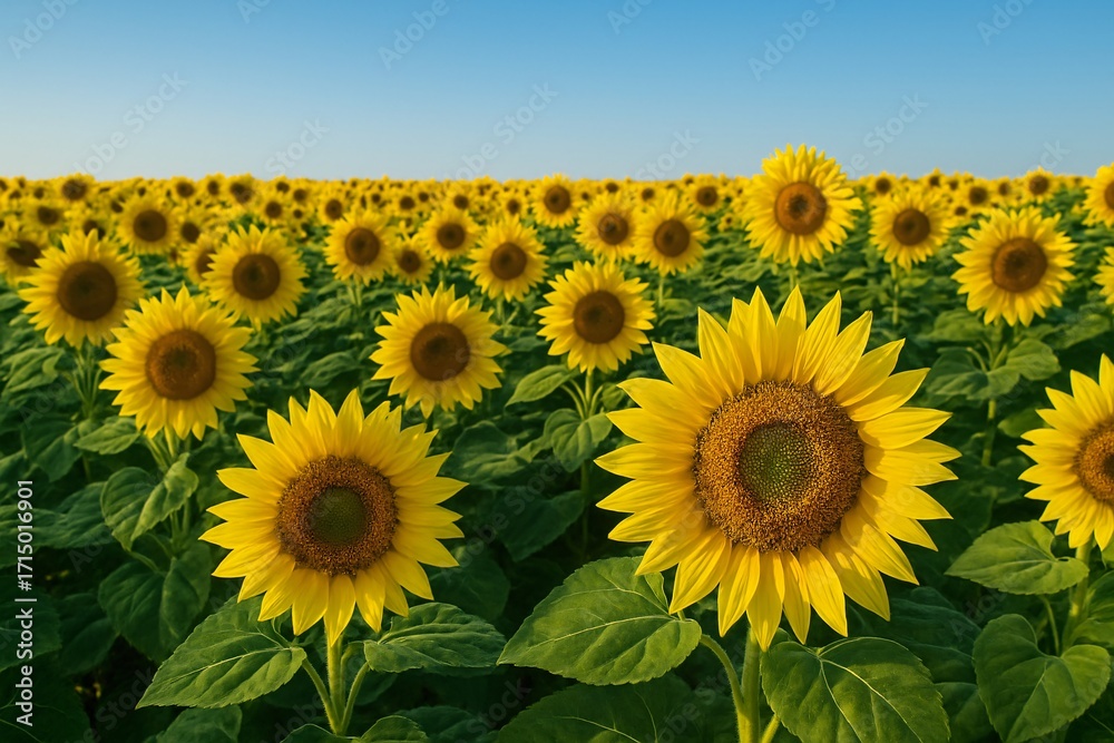 Fototapeta premium Endless sunflower field stretching to horizon under clear sky