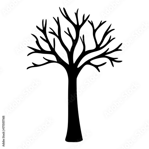 Silhouette of a bare tree with intricately branched branches against a white background