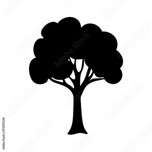 A black silhouette of a tree with a full crown of leaves