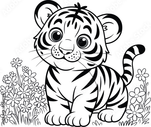 Cute cartoon baby tiger staring at cute look vector