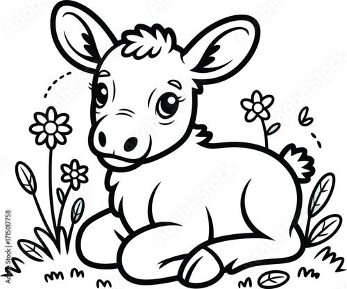 Adorable baby donkey lying down surrounded by flowers and grass line art vector