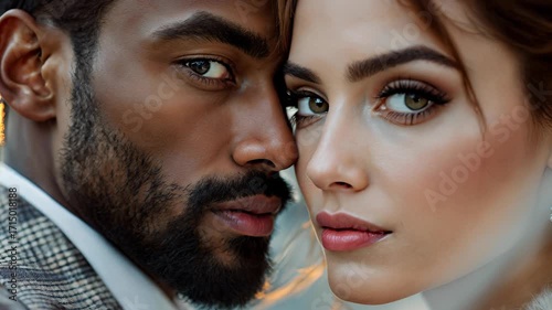 Couple gazing intensely at the camera in a romantic setting during golden hour