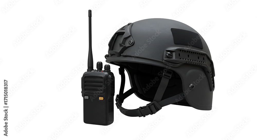 Fototapeta premium Tactical helmet and radio communication device on a white background
