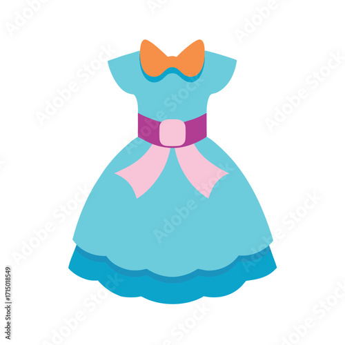 princess style girl dress with ruffles and bow flat color illustration