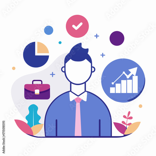 Business growth and success concept with businessman and financial charts vector illustration