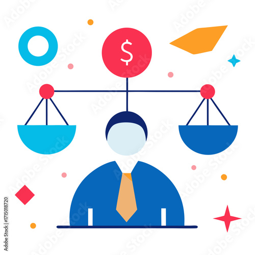 Financial balance and decision making concept with businessman and scales vector illustration