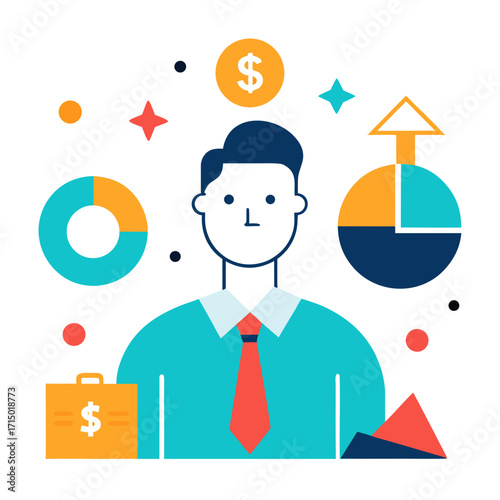 Man with Pie Charts and Briefcase Representing Financial Analysis dollar sign finance