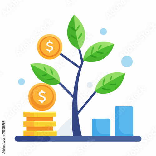 Money tree with coins and growing financial chart bars finance growth