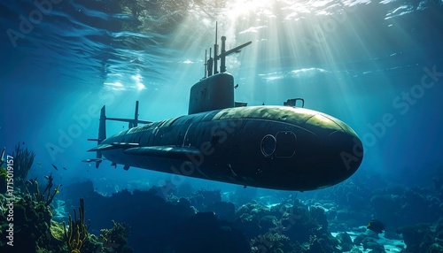 Underwater submarine, sunlight beams through the water