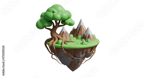 3d fantasy floating island with lush tree and mountains