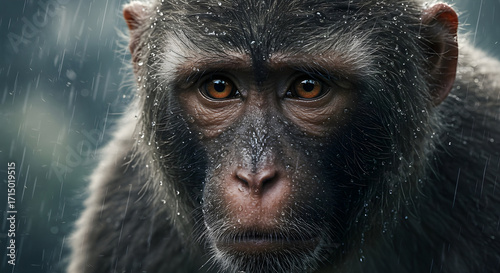 Emotional Monkey Face with Wet Fur and Raindrops