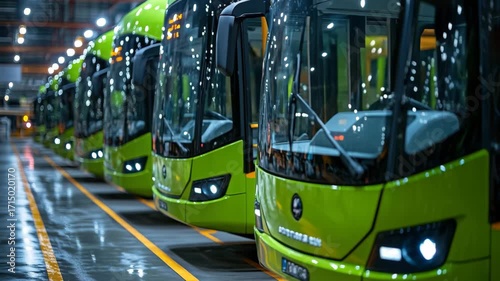 New green electric buses lined up in a transportation garage ready for service