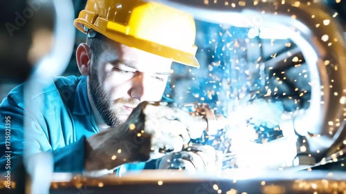 Skilled worker welding metal pipes with sparks flying in a busy workshop during the day