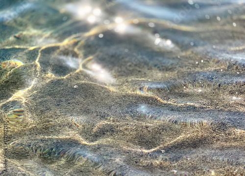 Sea waves surface, beach, beautiful sea side, summer beach with transparent blinking water, lights, waves close up, Coast line, nature. Ocean landscape, vacation, travel concept. Caustic effect 