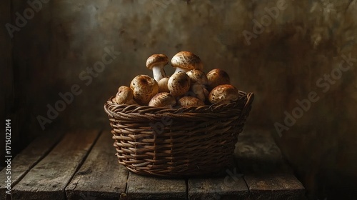 Abundant basket brimming with fresh, earthy mushrooms on rustic wooden surface