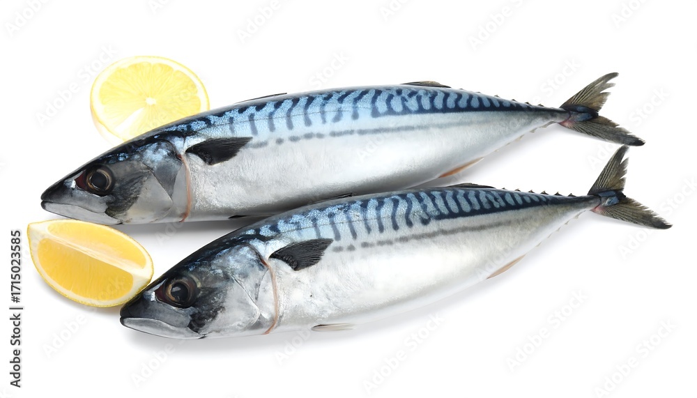 Fototapeta premium Two mackerel fish with lemon slices