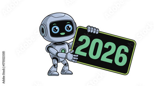 Cute robot holding sign with the number 2026.