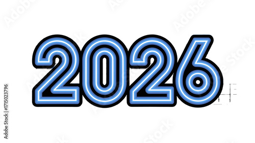 Illuminated blue neon sign reading 2026.