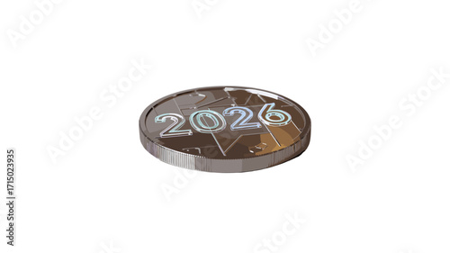 A silver coin with the year 2026 inscribed on it, set against a plain background.
