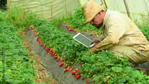 An African male farmer uses a tablet on his farm in the middle of a strawberry field in greenhouse. glasshouses, A farmer watches growth of fruits. Development of agriculture in Africa Jijel Algeria.
