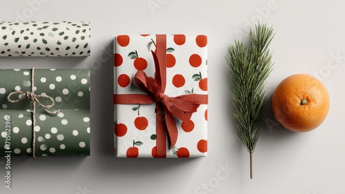 wrapping paper mockup, rolled sheets, wrapped gift box, crisp folds, satin ribbon