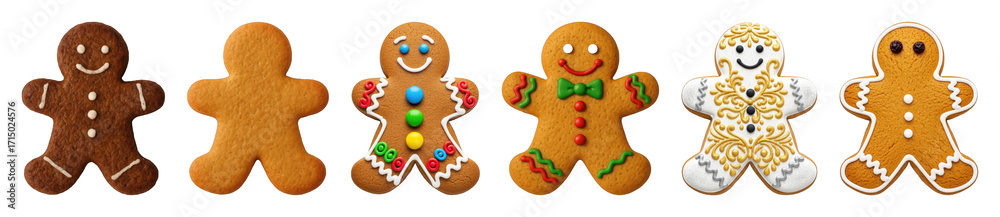 Obraz premium Gingerbread man cookies set including plain, simply iced, and elaborately decorated designs isolated. Festive holiday baking.