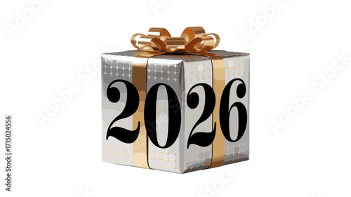 A shiny silver gift box with the number 2026 on it, indicating a special date or event.
