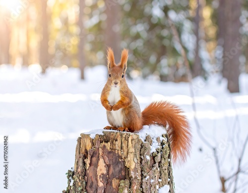 Red Squirrel on a snow-covered tree stump in a winter forest, bathed in golden sunlight