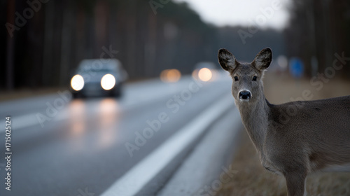Bild auf Leinwand Wild deer standing on roadside near forest with cars passing