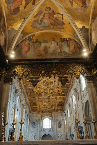 Archbasilica of Saint John Lateran interior Rome golden coffered ceiling marble columns statues ornate chapels baptistery and apse Catholic basilica Italy. High quality photo