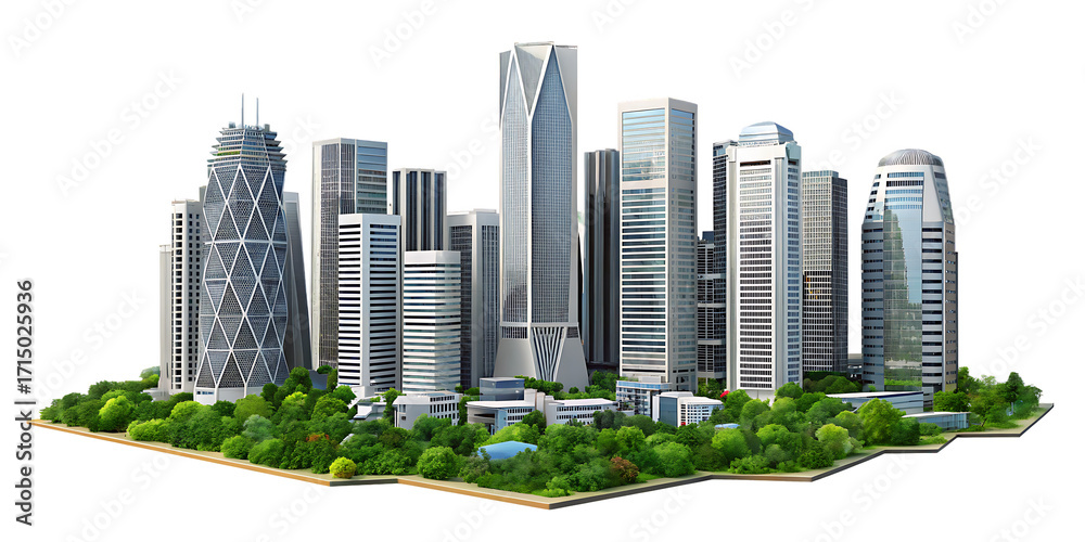 Fototapeta premium Modern skyscrapers with green landscaping isolated on a transparent background