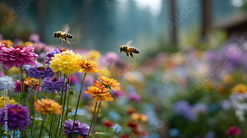 Fototapeta Naklejka Na Ścianę i Meble -  A vibrant pollinator garden with bees, butterflies, and hummingbirds, showcasing the role of pollinators in ecosystems