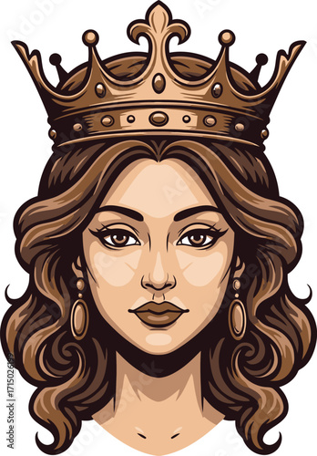 Regal queen portrait with elaborate crown and wavy brown hair majestic royalty symbolizing power and beauty for design concepts vector