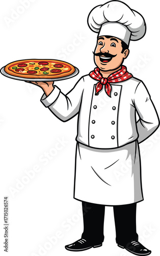 Happy cartoon italian chef with a delicious hot pizza slice offering a traditional pepperoni pie in a restaurant kitchen setting vector