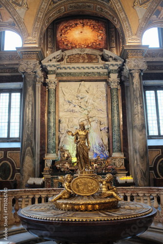 Basilica of Saint Mary Major Rome ornate gilded altar with reliquary marble columns baroque chapel interior sacred art vertical composition editorial use only. High quality photo